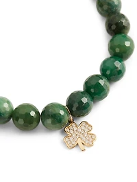 Beaded Verdite Bracelet With 14K Gold Mini Diamond Clover Charm