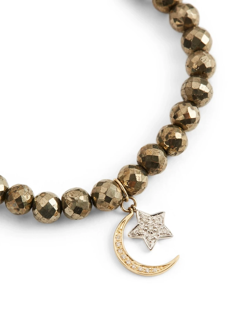 Beaded Pyrite Bracelet With 14K Gold Diamond Moon And Star Charms