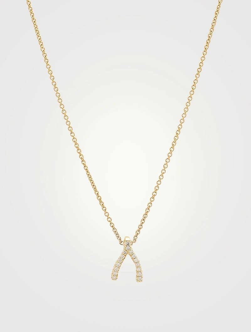 18K Gold Mini Wishbone Necklace With Diamond