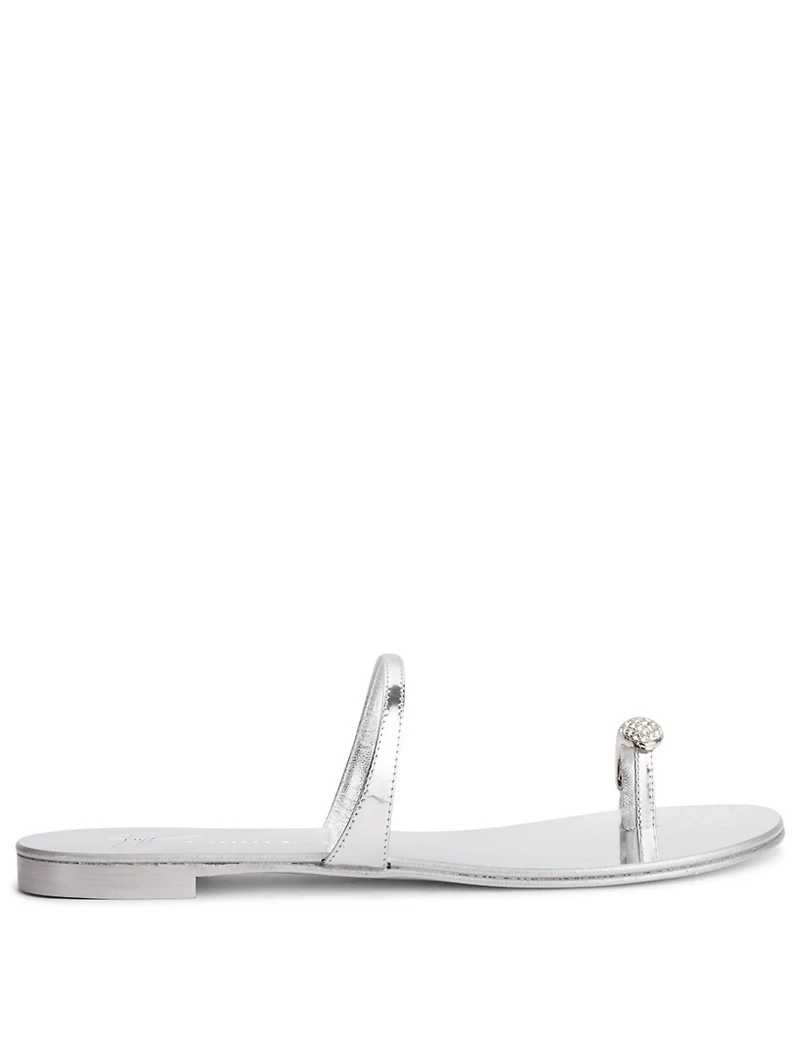 Metallic Leather Sandals With Crystal Toe Ring
