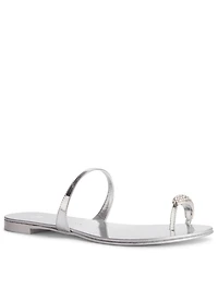 Metallic Leather Sandals With Crystal Toe Ring