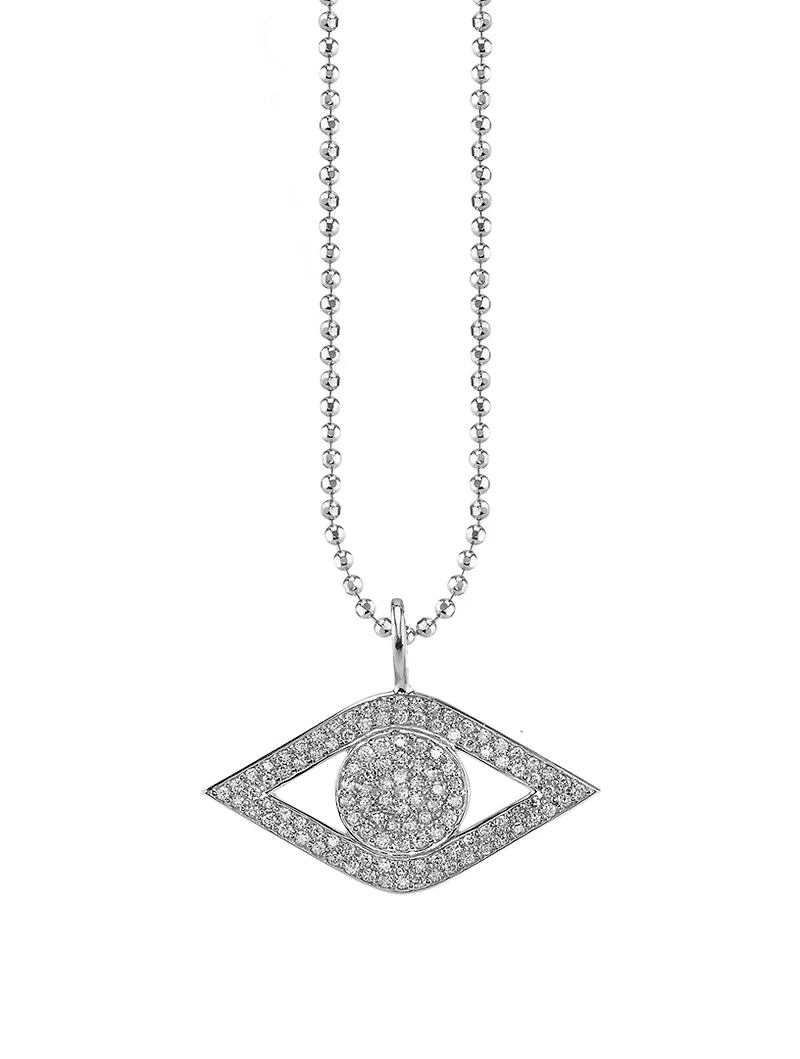 Large 14K White Gold Evil Eye Charm Necklace With Diamonds