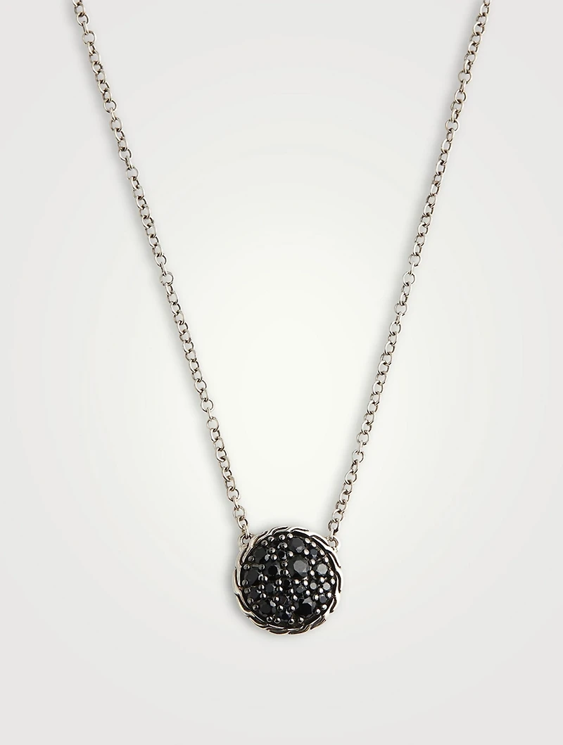 Carved Chain Silver Pendant Necklace With Black Spinel