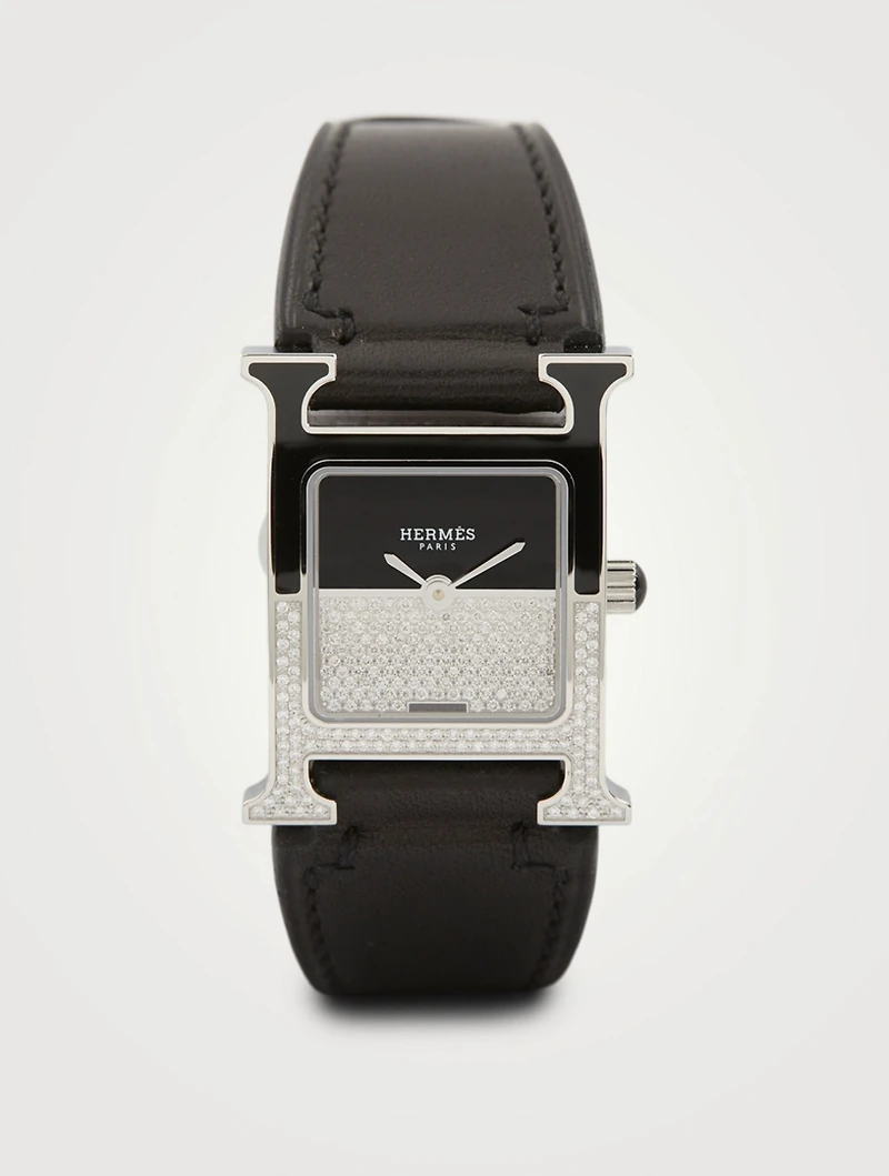 Heure H PM Leather Strap Watch With Diamonds