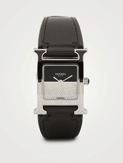 Heure H PM Leather Strap Watch With Diamonds