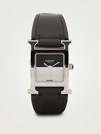 Heure H PM Leather Strap Watch With Diamonds