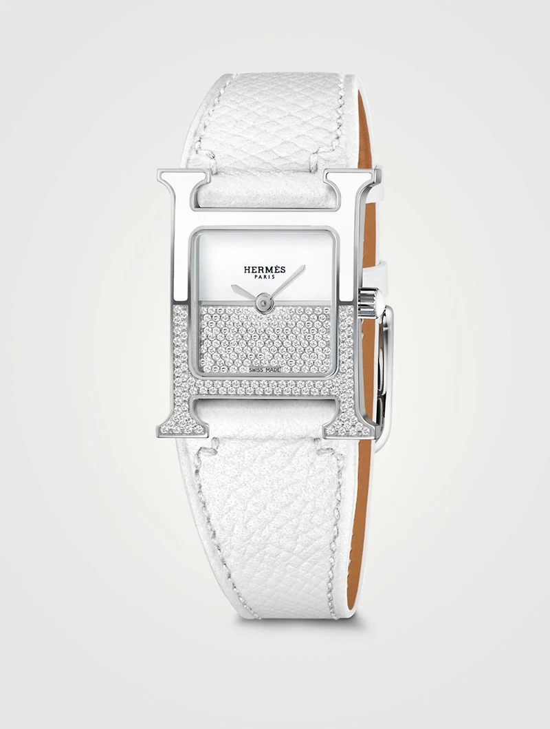 Heure H PM Leather Strap Watch With Diamonds