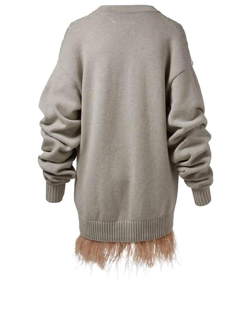 Cable-Knit Oversized V-Neck Cardigan With Ostrich Feathers