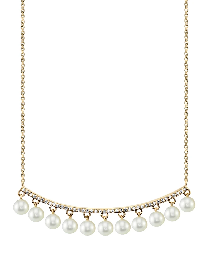 14K Gold Bar Necklace With Pearls And Diamonds