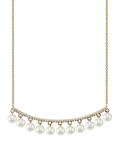 14K Gold Bar Necklace With Pearls And Diamonds