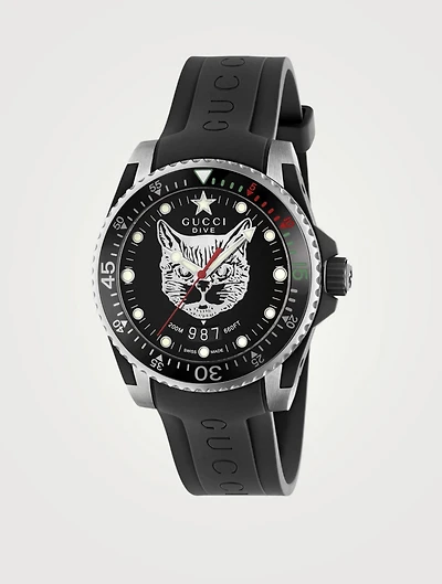Gucci Dive Feline Stainless Steel Rubber Strap Watch