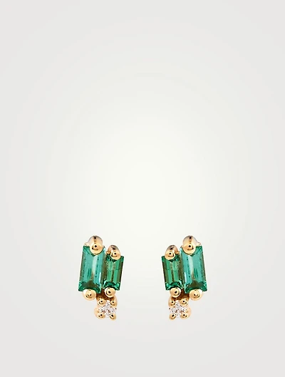 18K Gold Layered Stud Earrings With Emerald And Diamonds