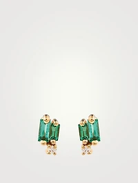 18K Gold Layered Stud Earrings With Emerald And Diamonds