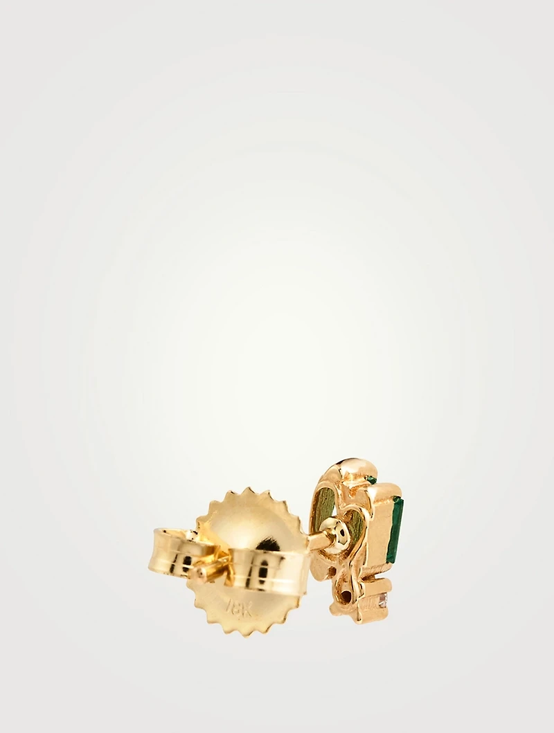 18K Gold Layered Stud Earrings With Emerald And Diamonds