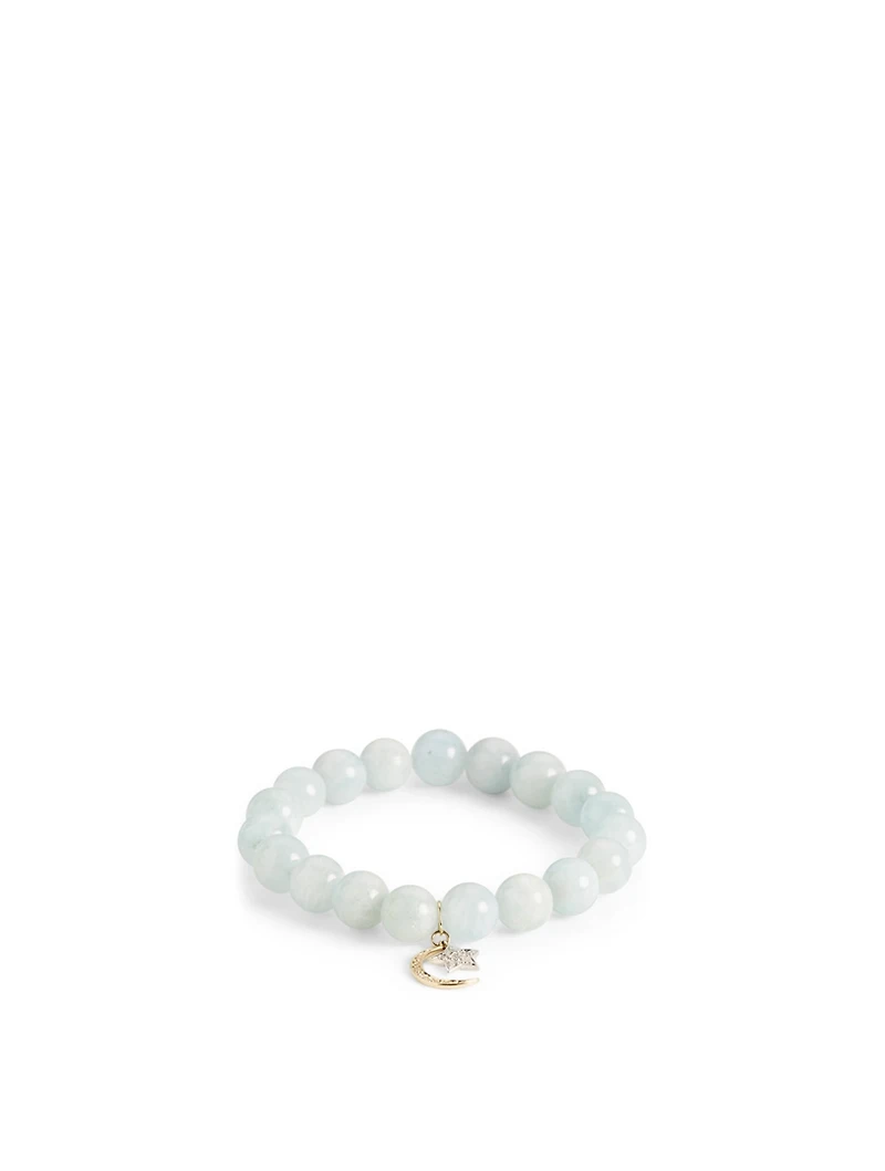 Aquamarine Beaded Bracelet With 14K Gold Diamond Moon And Star Charm