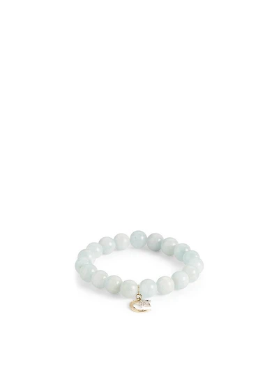 Aquamarine Beaded Bracelet With 14K Gold Diamond Moon And Star Charm