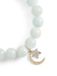 Aquamarine Beaded Bracelet With 14K Gold Diamond Moon And Star Charm