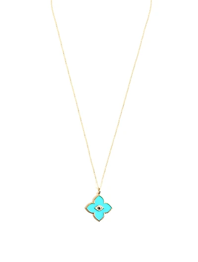 14K Gold Bezel Evil Eye Moroccan Pendant Necklace With Diamonds