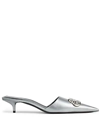 Square Knife Metallic Leather Kitten Heel Mules
