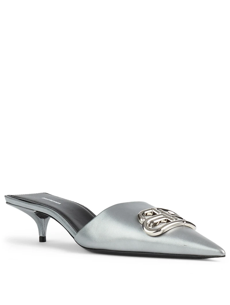 Square Knife Metallic Leather Kitten Heel Mules