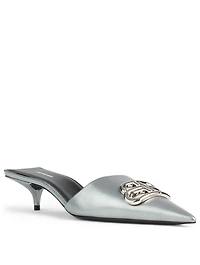 Square Knife Metallic Leather Kitten Heel Mules
