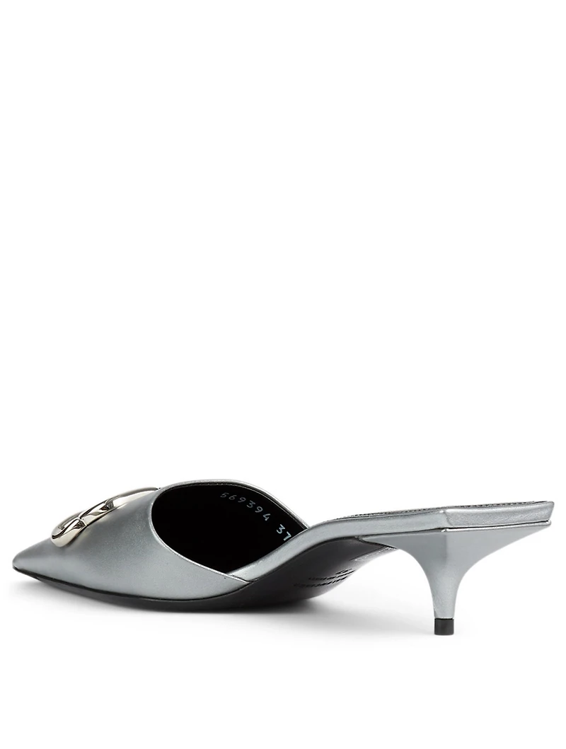 Square Knife Metallic Leather Kitten Heel Mules