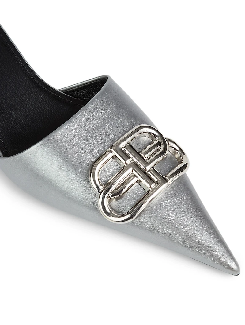 Square Knife Metallic Leather Kitten Heel Mules