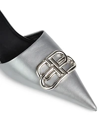 Square Knife Metallic Leather Kitten Heel Mules