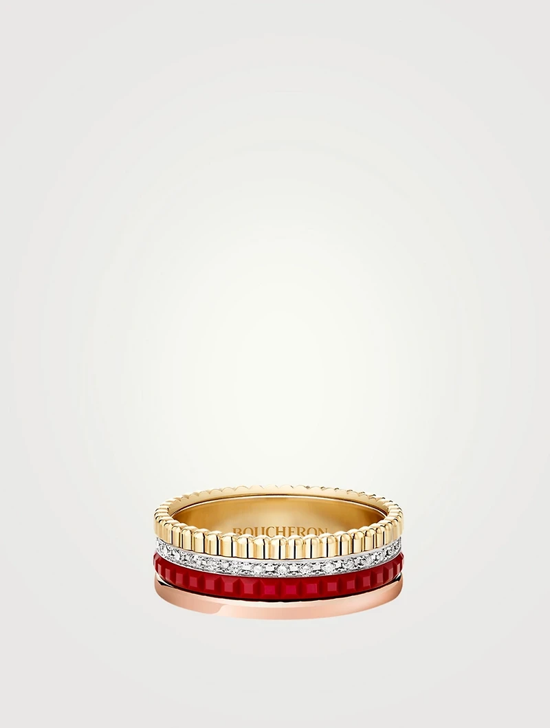 Small Red Edition Quatre Gold Ring With Ceramic And Diamonds