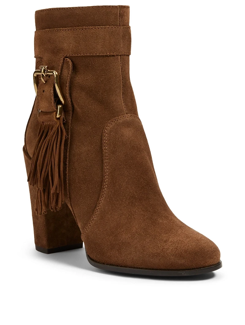 Suede Heeled Ankle Boots With Fringe