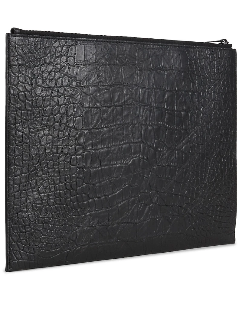 Monogram Croc-Embossed Leather Zipped Pouch
