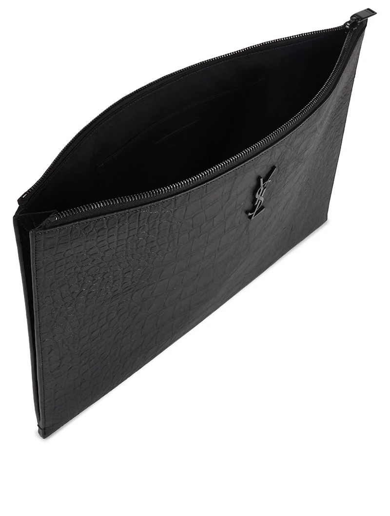 Monogram Croc-Embossed Leather Zipped Pouch