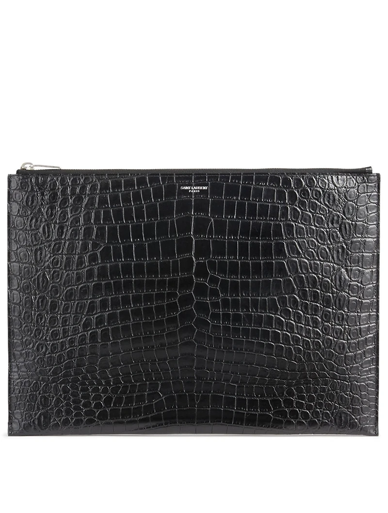 Croc-Embossed Leather Pouch