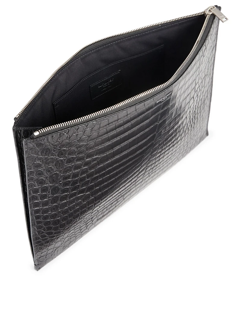 Croc-Embossed Leather Pouch