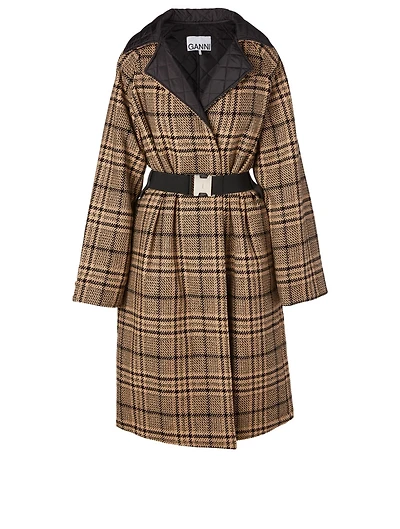 Wool-Blend Wrap Coat Check Print