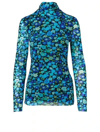 Mesh Turtleneck Top Floral Print