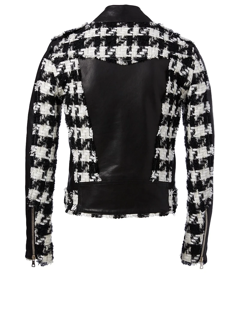 Leather Moto Jacket In Gingham Print