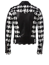 Leather Moto Jacket In Gingham Print
