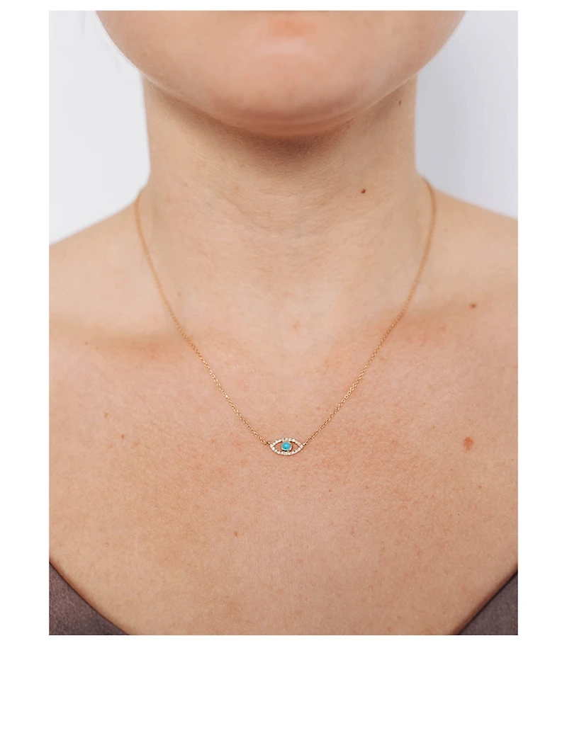 Classique 14K Gold Evil Eye Necklace With Sleeping Beauty Turquoise And Diamonds