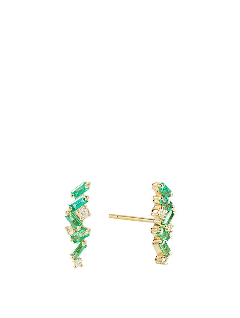 Rainbow Fireworks 18K Gold Cluster Studs With Emeralds And Diamonds