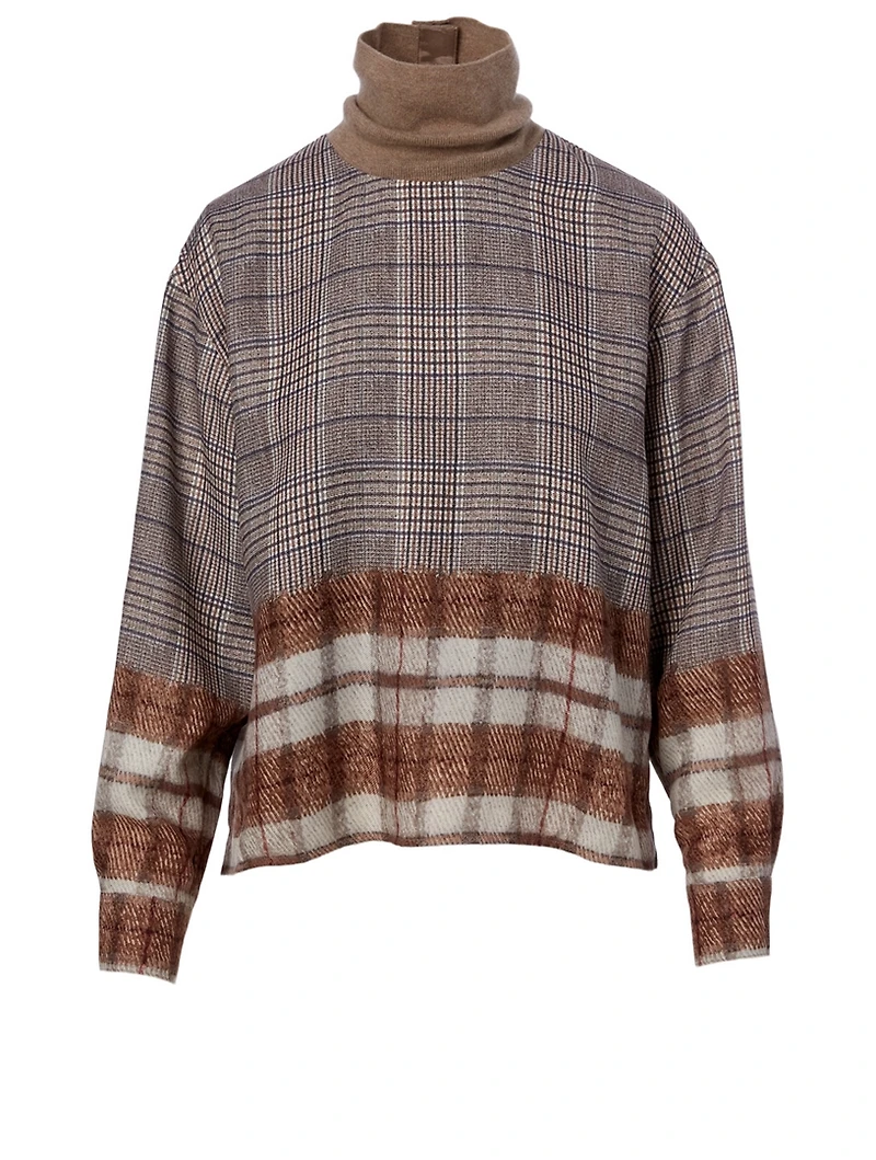 Turtleneck Blouse Mixed Check Print