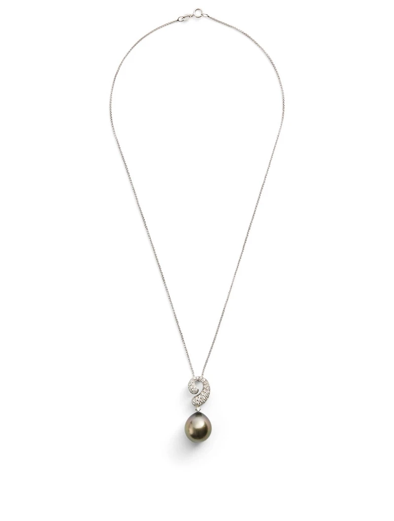 18K White Gold Pearl Pendant Necklace With Diamonds