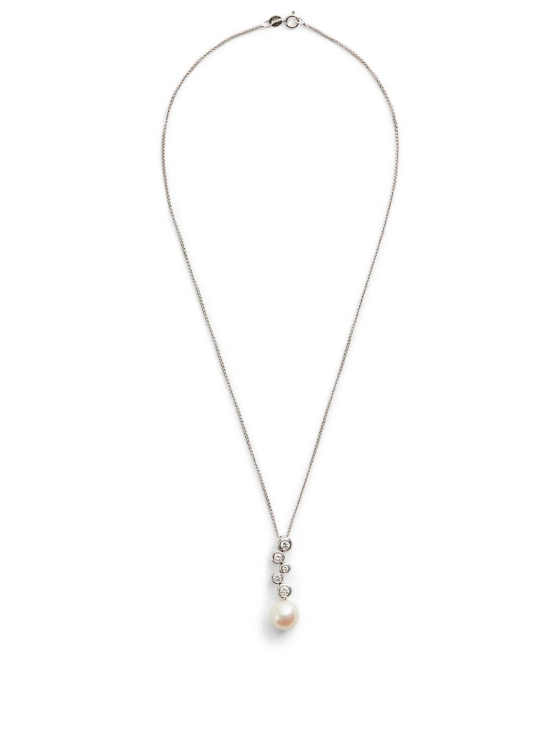 18K White Gold Pearl Pendant Necklace With Diamonds
