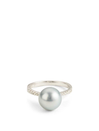 18K White Gold Pearl Ring With Diamonds