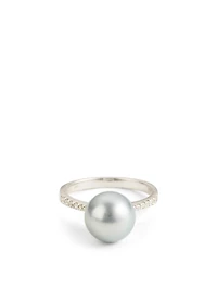 18K White Gold Grey Pearl Ring With Diamonds