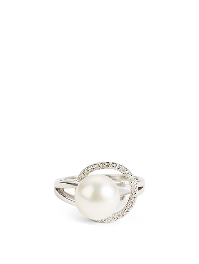 18K White Gold Pearl Ring With Diamonds