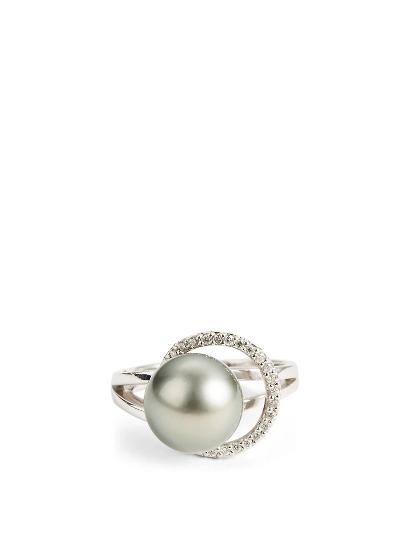 18K White Gold Black Pearl Ring With Diamonds