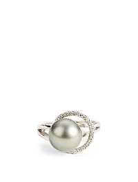 18K White Gold Black Pearl Ring With Diamonds