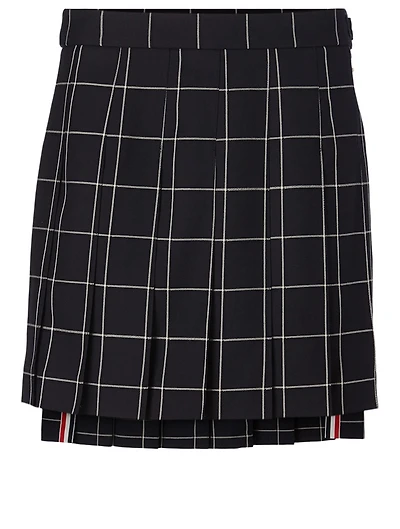 Wool Pleated Skirt Windowpane Print