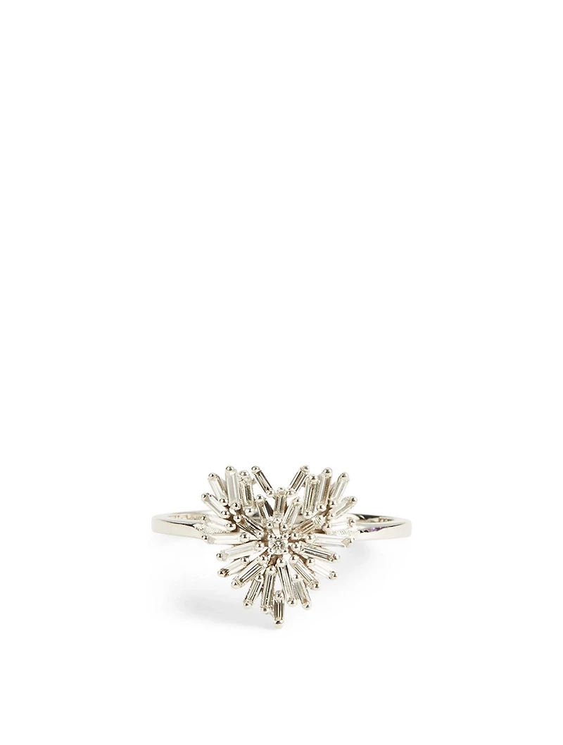 Small Fireworks 18K White Gold Heart Ring With Diamonds